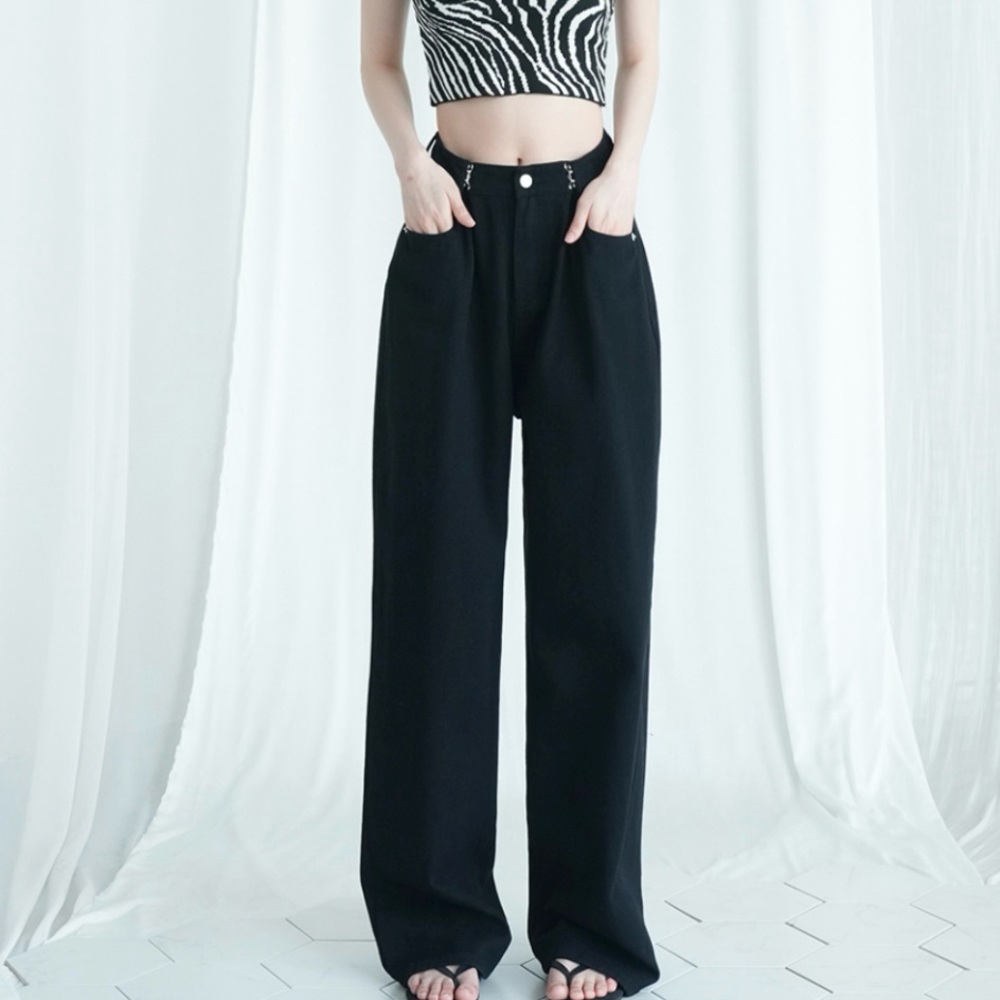 Buckle Wide Denim Pants Cotton Black Jeans | Avandress - MUSINSA